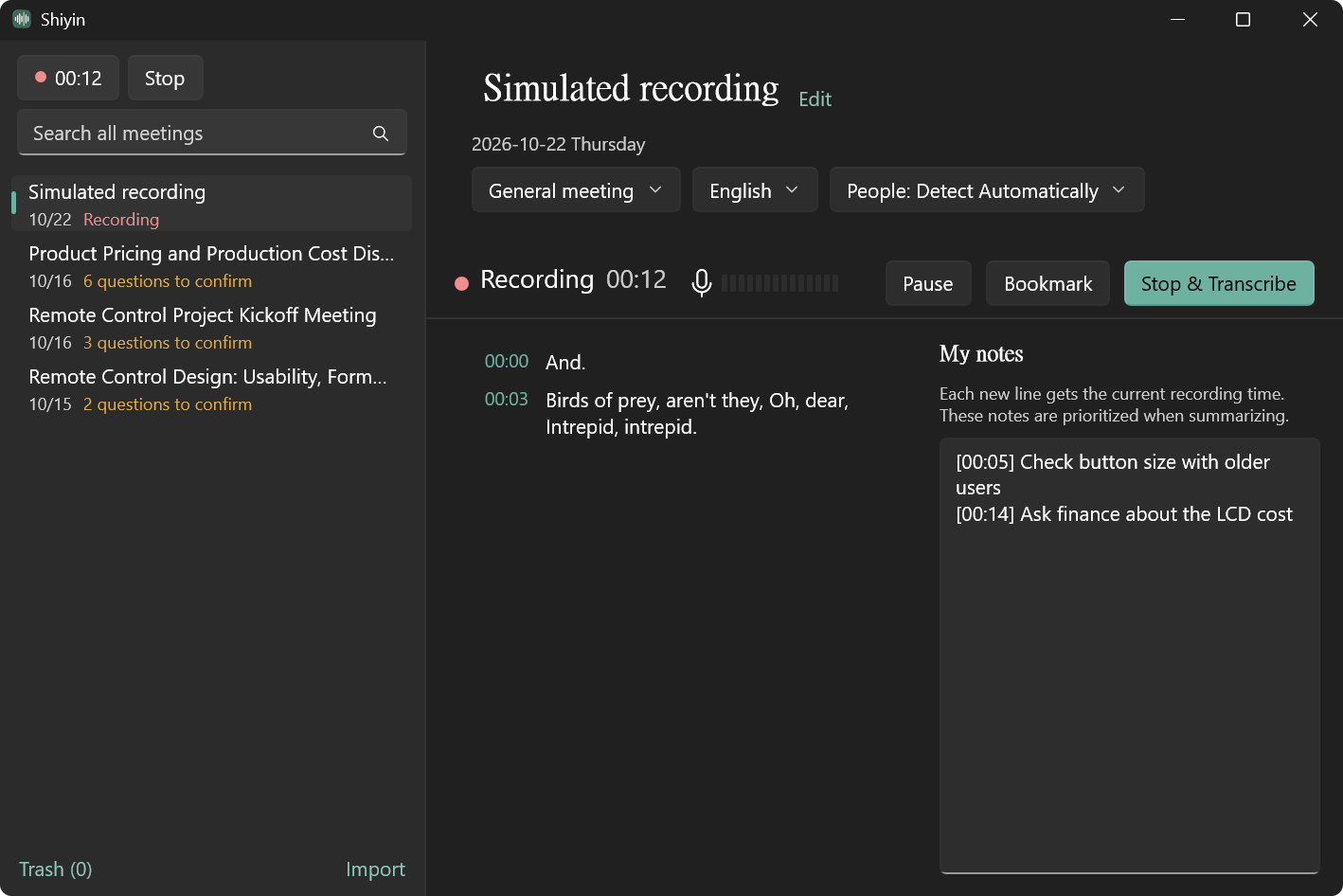 Recording in Shiyin for Windows: the live transcript on the left, My notes on the right