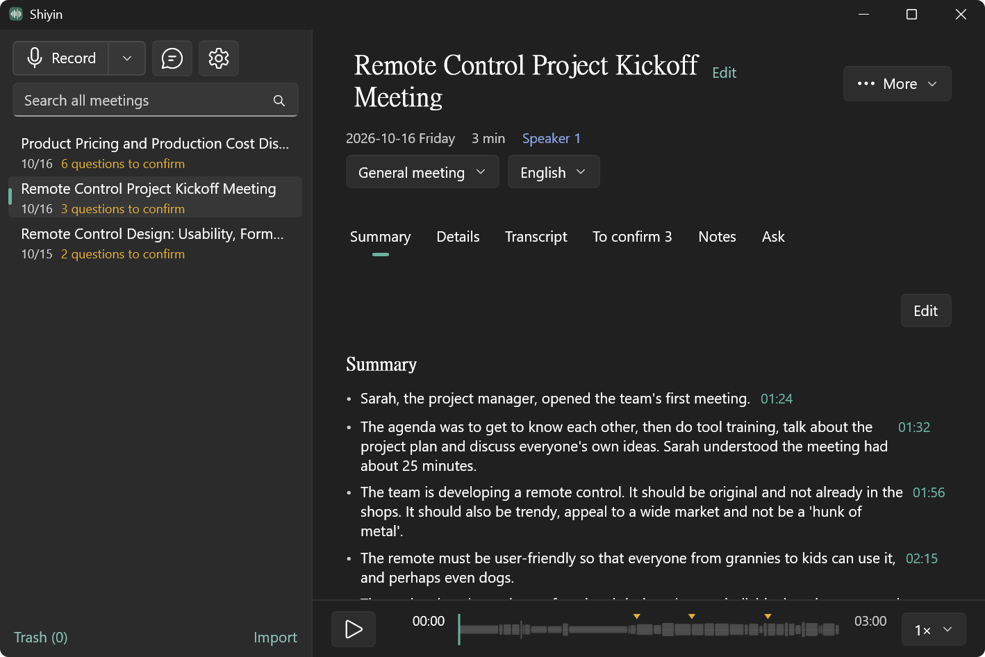 Meeting notes in Shiyin for Windows: summary, decisions and action items, each with a timestamp